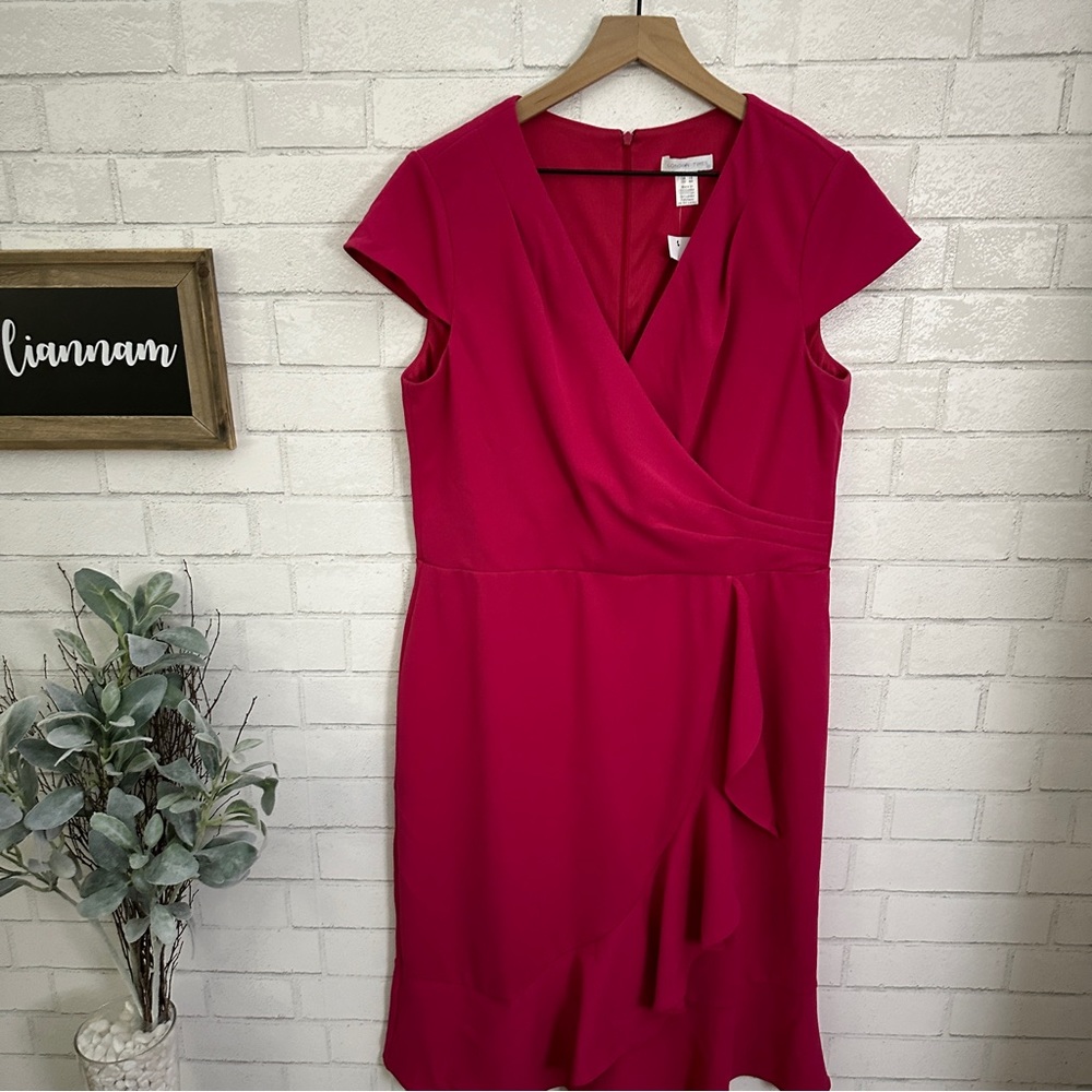 LONDON TIMES Pink Faux Wrap Ruffle Cap Sleeve Dress - Picture 3 of 11